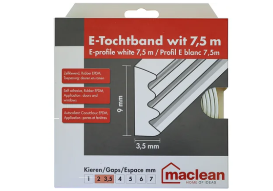 Zelfklevend Tochtband E-Profiel - Wit - 9mm x 4mm x 7,5m - Tochtstrip