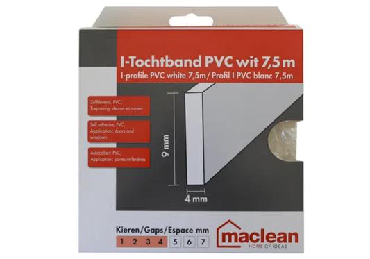 Zelfklevend PVC Tochtband I-Profiel - Wit - 9mm x 4mm x 7,5m - Tochtstrip