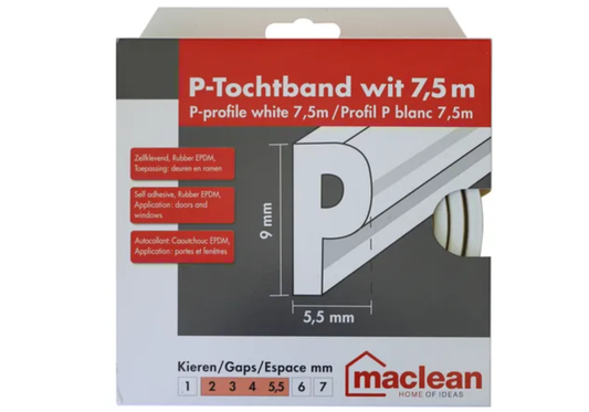 Zelfklevend Tochtband P-Profiel - Wit - 9mm x 5,5mm x 7,5m - Tochtstrip