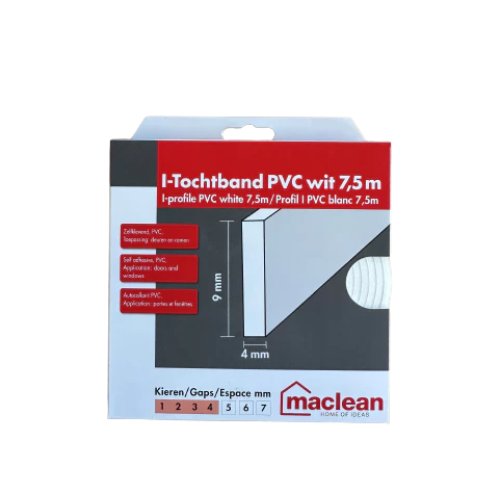 Zelfklevend PVC Tochtband I-Profiel - Wit - 9mm x 4mm x 7,5m - Tochtstrip